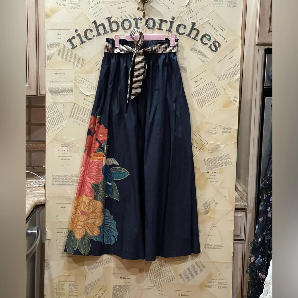 Anthropologie Farm Rio Tropical Maxi Skirt Floral Tie Bow Elastic Blue Motif - Picture 6 of 8
